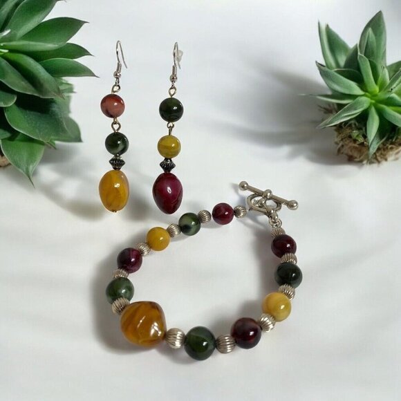 Reimagined Boho Glass Bead Bracelet and Dangle Earrings - Picture 1 of 5